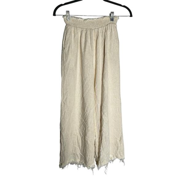 Solai the Label Cream Linen Rayon Raw Hem Elastic Waist Wide Leg Flowy Pants S - Picture 1 of 6